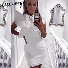 Load image into Gallery viewer, lessverge Sexy crystal tassel white bandage dress Women black pencil bodycon dress Autumn winter short fringe runway dress femme