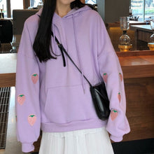 Load image into Gallery viewer, Strawberry Embroidery Lavender White Sweatshirt Spring Autumn Women Loose Long Sleeves Tops Oversized Hoodie