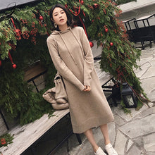 Load image into Gallery viewer, Solid Woman Winter Loose Hoody Knit Dress Full Sleeve Female Casual Mid Dresses Warm Woman Knitted Pull Dresses Autumn