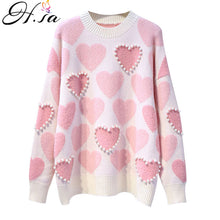 Load image into Gallery viewer, H.SA Women Knitted Sweater and Pullovers Oneck Pearls Beading Sweaters Sweet Heart Pull Jumpers Long Sleeve Kawaii Pull Femme