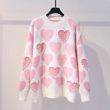 Load image into Gallery viewer, H.SA Women Knitted Sweater and Pullovers Oneck Pearls Beading Sweaters Sweet Heart Pull Jumpers Long Sleeve Kawaii Pull Femme