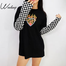 Load image into Gallery viewer, Weekeep Women Plaid Patchwork Long Sleeve Flaming Heart Print Sweatshirt 2017 Autumn Winter Black Checkboard Pullover Hoodies
