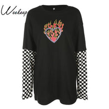 Load image into Gallery viewer, Weekeep Women Plaid Patchwork Long Sleeve Flaming Heart Print Sweatshirt 2017 Autumn Winter Black Checkboard Pullover Hoodies