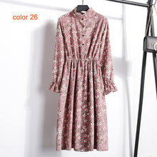Load image into Gallery viewer, Corduroy Soft Floral Print Women Autumn Winter Dress Stand Collar Female Party Loose Dresses Elastic Waist Beach Vestidos