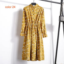 Load image into Gallery viewer, Winter Corduroy Floral Print Women Elastic Waist Autumn Winter Dress Stand Collar Beach Dress Vestidos Party Female High Quality