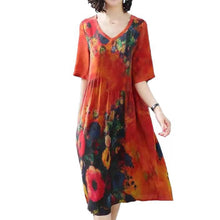 Load image into Gallery viewer, 2019 New Arrival Women Silk Dress Female Summer Half Sleeve V-Neck Vintage Print Dresses Loose Casual Plus Size Vestidos Mujer