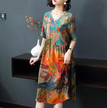 Load image into Gallery viewer, 2019 New Arrival Women Silk Dress Female Summer Half Sleeve V-Neck Vintage Print Dresses Loose Casual Plus Size Vestidos Mujer