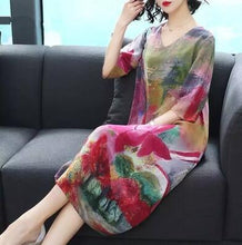 Load image into Gallery viewer, 2019 New Arrival Women Silk Dress Female Summer Half Sleeve V-Neck Vintage Print Dresses Loose Casual Plus Size Vestidos Mujer