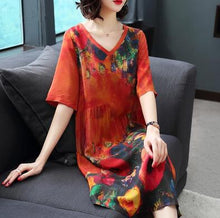 Load image into Gallery viewer, 2019 New Arrival Women Silk Dress Female Summer Half Sleeve V-Neck Vintage Print Dresses Loose Casual Plus Size Vestidos Mujer