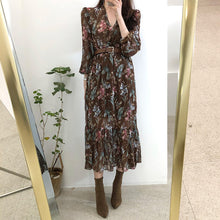 Load image into Gallery viewer, Women Dress 2019 Spring Summer Korean Fashion Vintage Floral Print Chiffon Midi Dress Ladies Elegant Dresses With Belt Clothes