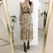 Load image into Gallery viewer, Women Dress 2019 Spring Summer Korean Fashion Vintage Floral Print Chiffon Midi Dress Ladies Elegant Dresses With Belt Clothes
